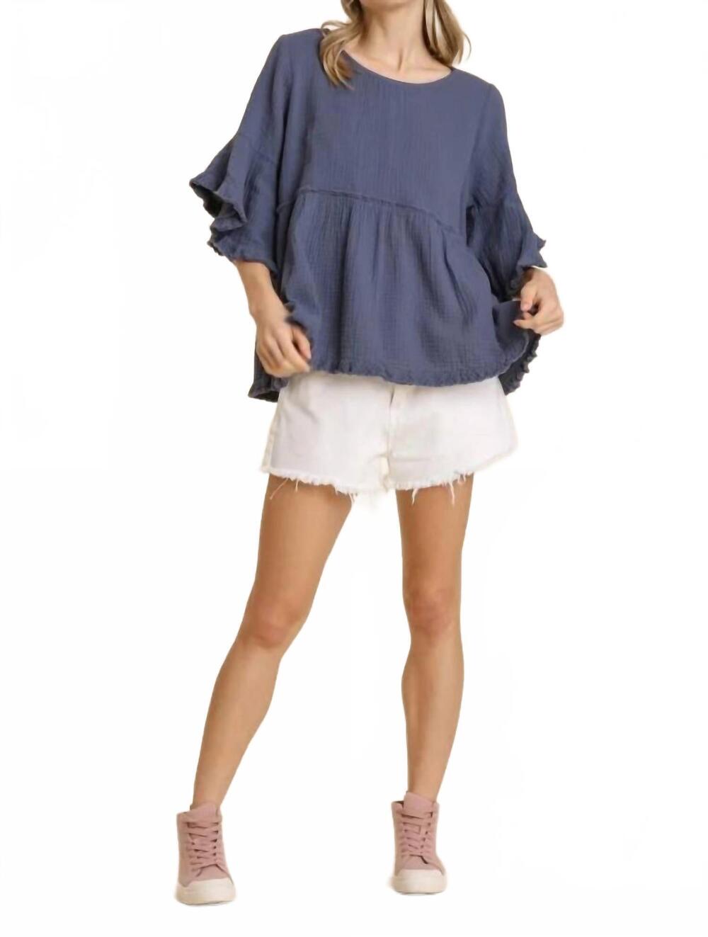 NEW UMGEE gauze round neck short bell sleeve babydoll top in steel gray
